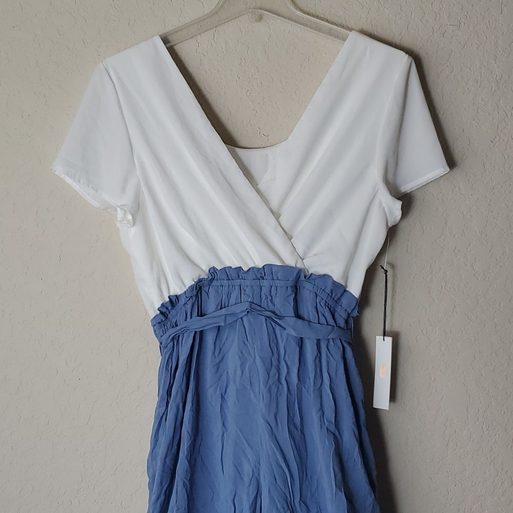 NWT June & Hudson Jumpsuit XL Blue White 2 Tone Wide Leg Colorblock Short Sleeve - Picture 8 of 16